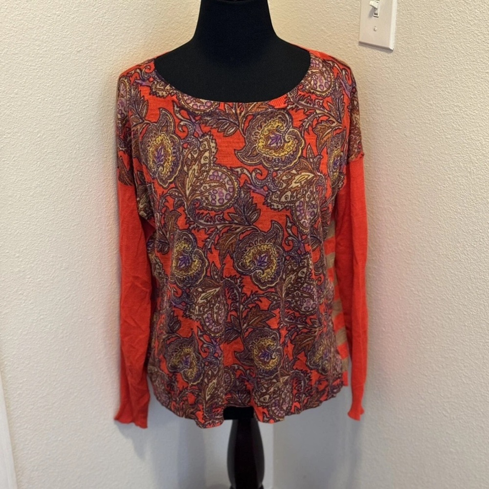 LOFT Red Paisley Striped Semi Sheer Lightweight Sweater Boatneck S